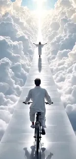 A person cycling on a cloud path towards the light in the sky.