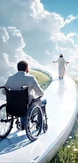 Man in wheelchair on path towards guiding figure in clouds.