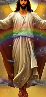 Radiant heavenly figure with rainbow glow on phone wallpaper.