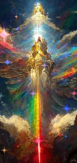 Ethereal angel with rainbow wings in a vibrant sky.