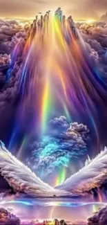 Surreal wallpaper with rainbow wings and clouds.