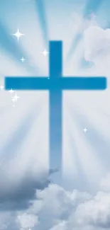 A glowing cross emerges from fluffy white clouds in a serene blue sky.