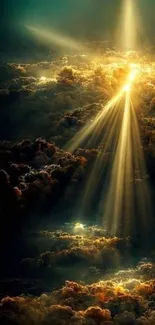 Heavenly light rays shining through clouds in a serene mobile wallpaper.