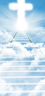 Staircase leading to a radiant cross in the sky with clouds.