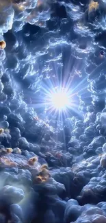 Surreal sky with radiant light and ethereal clouds in heavenly scene.