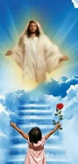 Child offers rose on heavenly stairs under divine light.