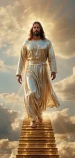 Heavenly figure in golden robe ascending stairs among clouds.