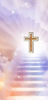 Heavenly staircase leading to a cross with clouds and light.