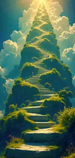 Heavenly stairs ascending into the sky surrounded by lush greenery and clouds.