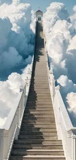 Stairway ascending into bright blue clouds, creating a serene heavenly scene.