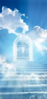 Stairway leading to clouds with a glowing doorway in the sky.