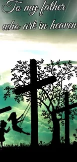 Silhouetted crosses and tree under a serene, teal-green sky with celestial light.