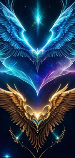 Celestial wings with glowing blue and gold hues on a dark background.