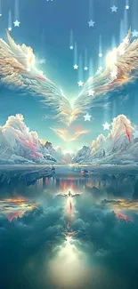 Fantasy mobile wallpaper with heavenly wings and serene lake reflection.