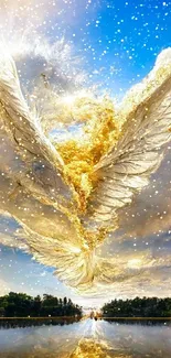 Golden angelic wings in a vibrant blue sky.