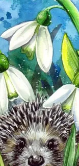 Watercolor hedgehog with snowdrop flowers.