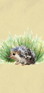 Watercolor hedgehog on beige with grass background.