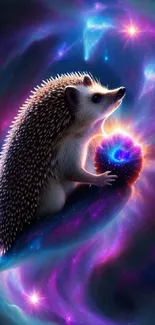 Hedgehog in a swirling cosmic galaxy with vibrant colors.