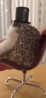 Charming hedgehog on chair with top hat, sparkling background.