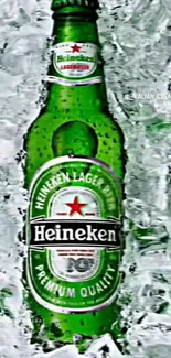 Heineken beer bottle with ice background wallpaper.