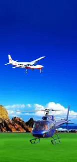 Helicopter and plane flying over green fields and bright blue sky.