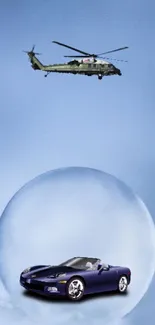 Helicopter flying above a sleek sports car.