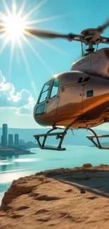 Helicopter flying over a cityscape with blue sky.