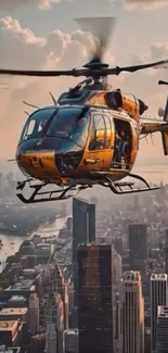 Helicopter flying above a city skyline at sunset.