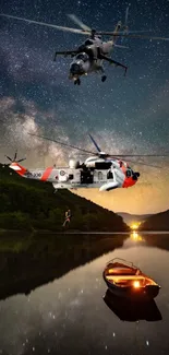 Two helicopters fly over a calm lake under a starry night sky.