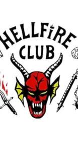 Hellfire Club emblem with devil's head and fantasy elements on white background.