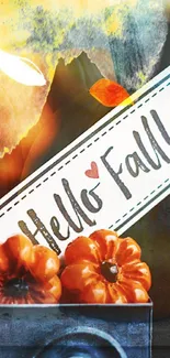 Warm autumn-themed wallpaper with pumpkins and 'Hello Fall' sign.