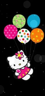 Hello Kitty holding colorful balloons on a black background.