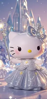 Hello Kitty in a silver sparkling dress with a wand and crown.