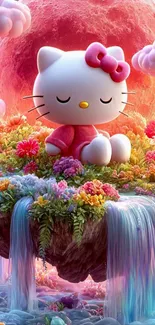 Hello Kitty in a dreamy, pink landscape with flowers and waterfalls.