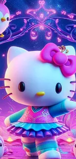 Hello Kitty in a vibrant fantasy setting with whimsical creatures.