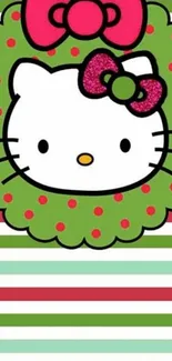 Festive Hello Kitty wallpaper with colorful stripes and a cute bow.