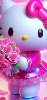 Hello Kitty holding a bouquet of pink roses.