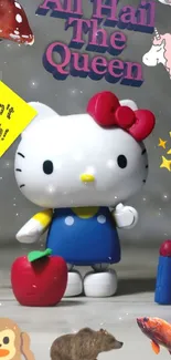 Hello Kitty surrounded by playful elements and signs.