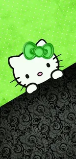 Vibrant Hello Kitty wallpaper with green and black design.