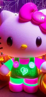 Glowing Hello Kitty with pumpkins and neon colors.