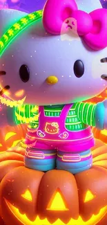 Hello Kitty in neon Halloween with glowing pumpkins.