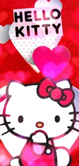 Hello Kitty wallpaper with heart design in red and pink tones.