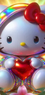 Cute Hello Kitty art holding a heart with a rainbow background.