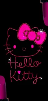 Hello Kitty neon wallpaper with lipsticks on black background.