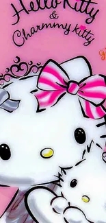 Hello Kitty and Charmmy Kitty with pink background and bows.