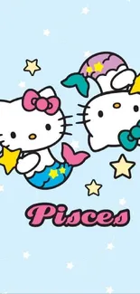 Hello Kitty Pisces mermaid cartoon on light blue background with stars.