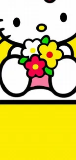 Hello Kitty with flowers on a yellow background, mobile wallpaper.