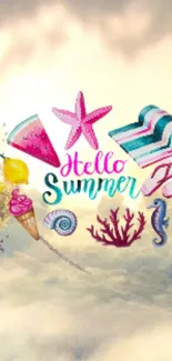 Vibrant 'Hello Summer' wallpaper with beach and pastel themes.