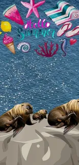 Whimsical summer mobile wallpaper with sea lions and beach items.