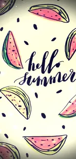 Hello Summer wallpaper with watermelon slices and artistic design.